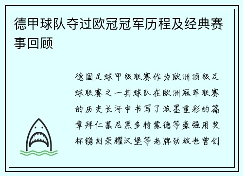 德甲球队夺过欧冠冠军历程及经典赛事回顾